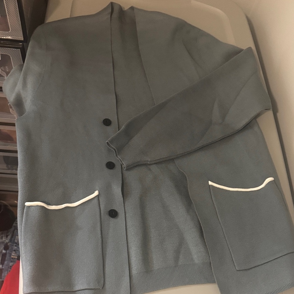 Gray Cardigan with White Trim